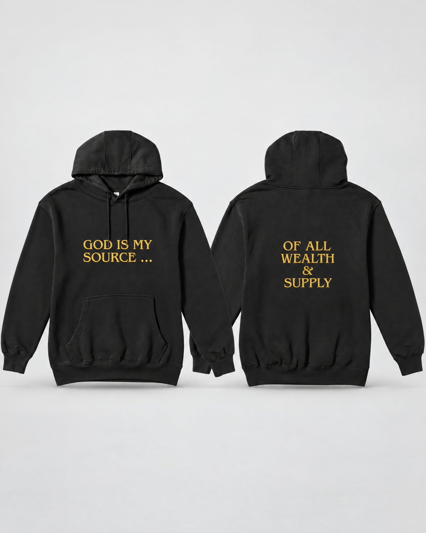 Source and Supply hoodie shown from front and back